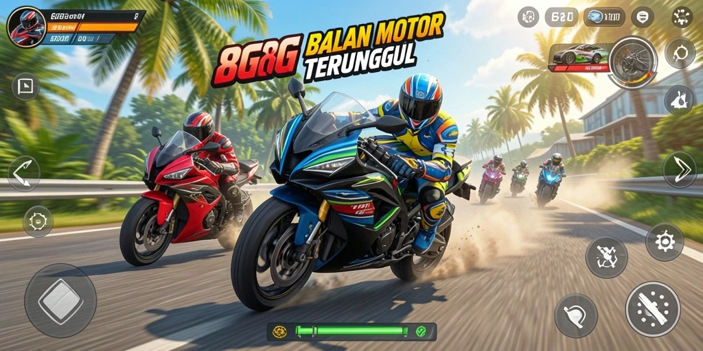 Screenshot gameplay 8G8G yang menunjukkan aksi seru balapan motor.