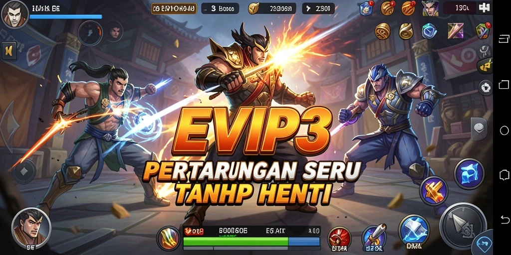 Screenshot gameplay EVIP3 dengan karakter bertarung di arena.