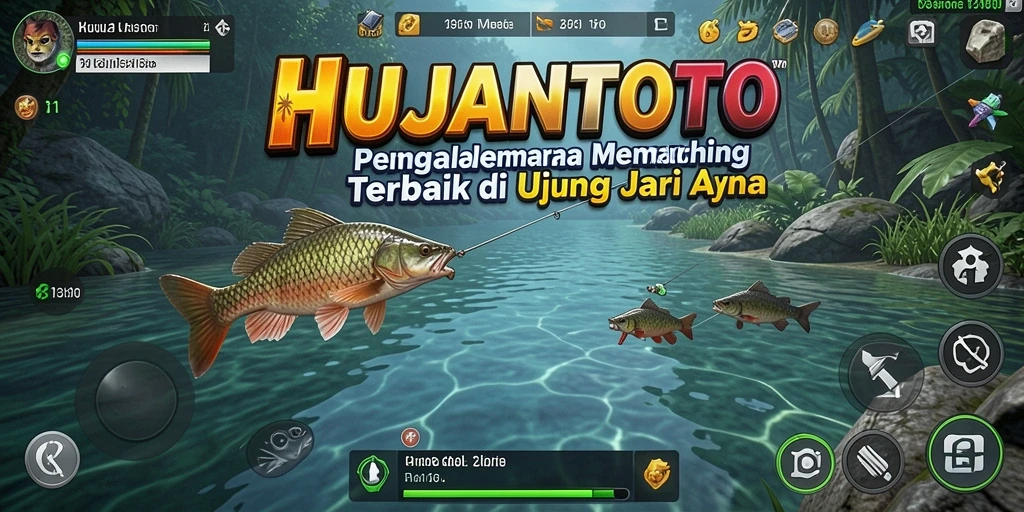 Screenshot gameplay HUJANTOTO menampilkan pemain yang sedang memancing di tepi danau.