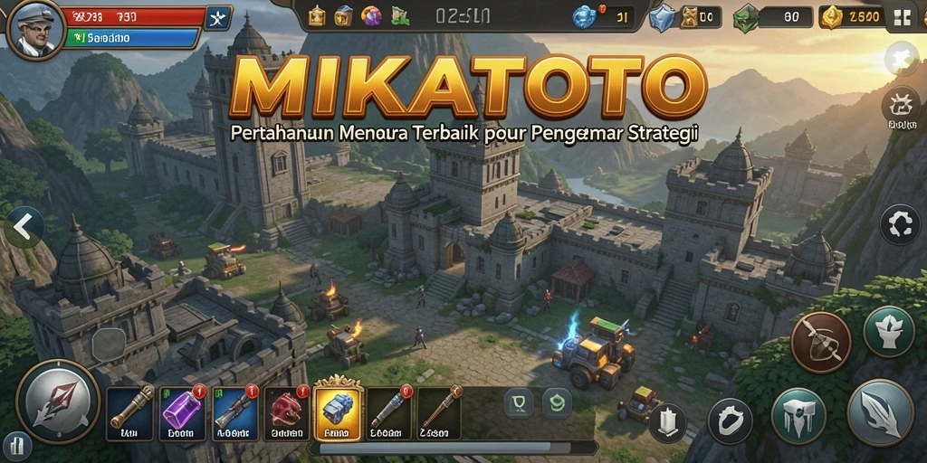 Screenshot MIKATOTO menampilkan serangan musuh yang mendebarkan dan menara pertahanan yang tangguh.