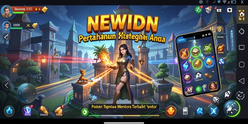 Screenshot gameplay NEWIDN dengan aksi menara bertahan yang intens.