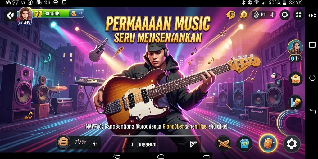 Screenshot utama NV77 menampilkan gameplay penuh warna dengan instrumen musik.
