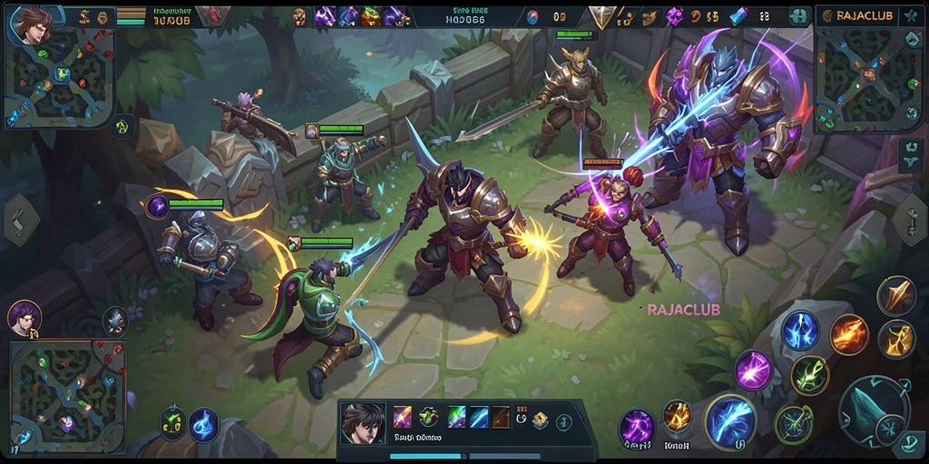 Tampilan dinamis gameplay RAJACLUB dalam pertempuran MOBA yang seru.