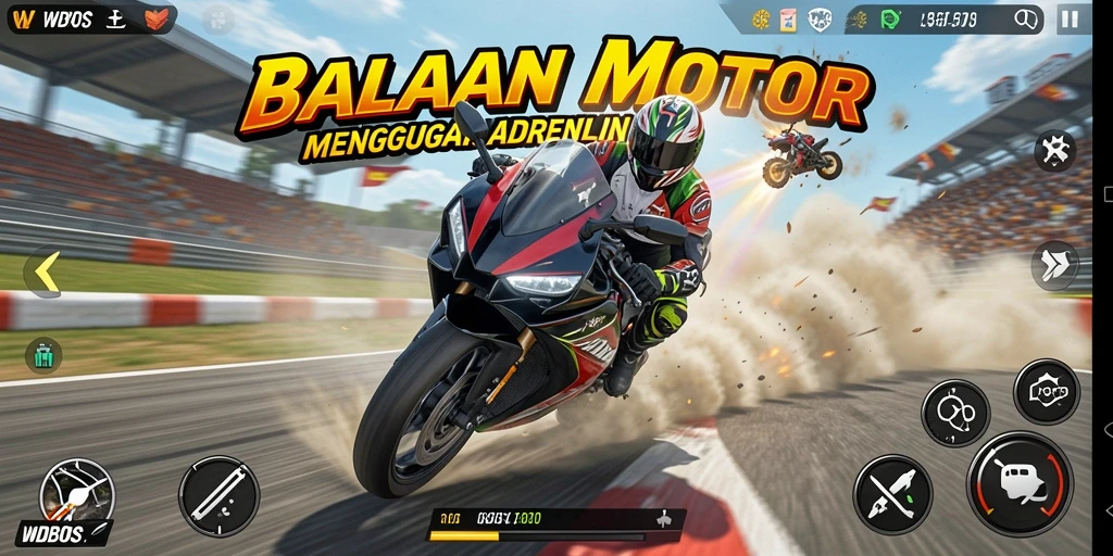 Tampilan gameplay balapan motor yang seru dan mendebarkan.