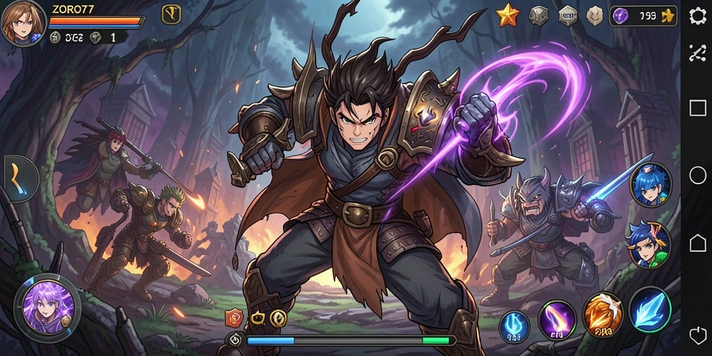 Screenshot gameplay ZORO77 menampilkan aksi seru karakter Anime.